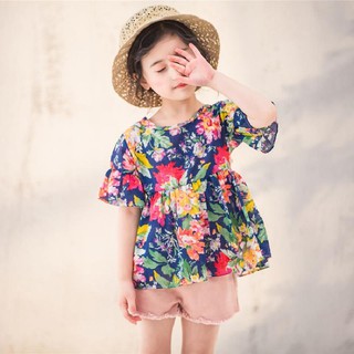 IU Summer Retro Cotton Baby Girl Short Sleeve Floral Dress