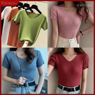 Women's Knitted Top Blouse Plus Size Sales Promotion Slim V-neck T-shirts Soild Colour