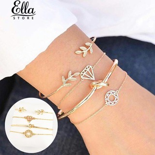 Ellastore 4Pcs Leaf Knot Love Cactus Opening Bracelet Set Vintage Women Bangle Jewelry