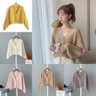 Korean Style Women Button Solid Color Knit Short Cardigan Long Sleeve Casual Warm Loose Sweater