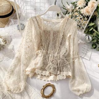 【9.9 Sale】Puff Sleeves, V-neck, Waist, Lotus Leaf, Lace Shirt (1)