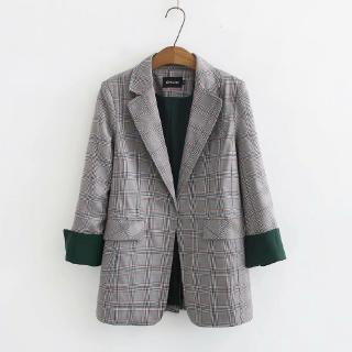Plus Size Spring Autumn Open Cardigan Blazer Office Lady Formal Blazers Plaid Suit Midi Jacket