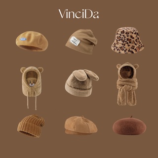 VinciDa Women Cute Hat Girl Warm Hat Fluffy Bunny Ears Hat Knitted Hat Berets Bear Bib Hat Woolen Hat Snow Cap Beanie