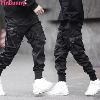 Men's Loose Elastic Waist Draw Strings Multi Pocket Cargo Solid Pencil Hip Hop Streetwear Casual Harem Stylish Pants