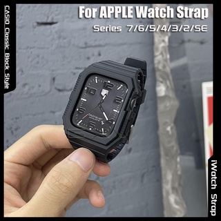 For Apple Watch Series 7 45mm 41mm Silicone Strap with Case CASIO Style 2 in 1 Watchband for iWatch 44mm 40mm 42mm 38mm for T500 X7 T5 T55 FT50 w26 w46 w56 Smartwatch Band