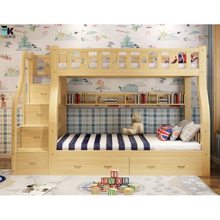 Solid Wood Double Decker Bunk Bed with Drawers Katil Atas Bawah Tangga Kabinet (1 month pre-order)