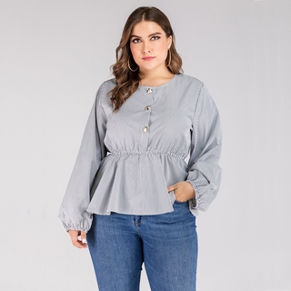 New Women's Round Neck Long-sleeved Button Striped T-shirt Blouse Plus Size Tops