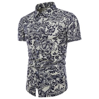 summer casual Hawaii floral blouse short sleeve beach linen business men shirt 8