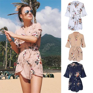 Summer Women Jumpsuit V Neck Floral Printed Ruffles Playsuits Lady Girl Beach Shorts Rompers