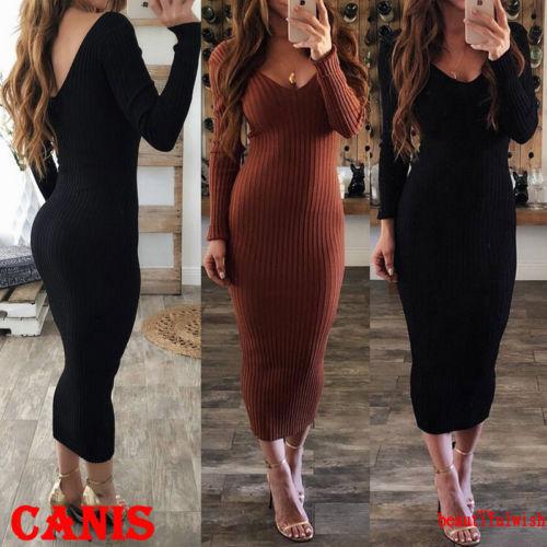 FUM-Women´s V Neck Long Sleeve Bodycon Casual Slim Knitted Party Evening