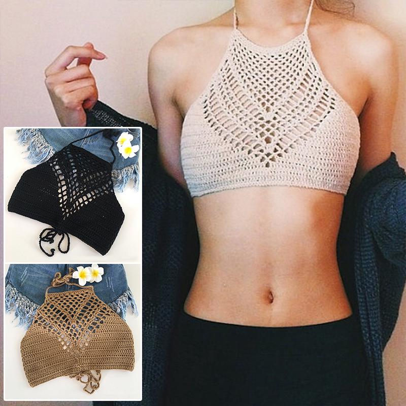 TL💓Women Crochet Bikini Knitting Halter Top Solid Color Wrapped Chest Bra