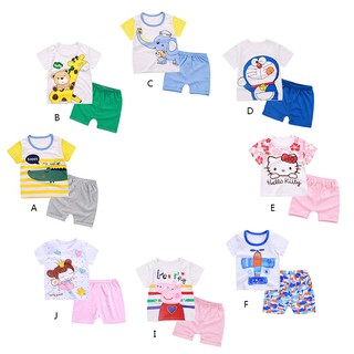 2pcs Baby boys girls clothing set kitty Pig Peggy Doraemon T-shirt+shorts