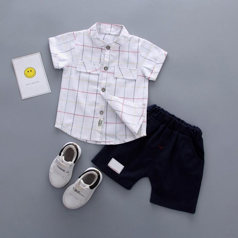 🔥READY STOCK 2Pcs Summer Baby Boys Short Sleeve Plaids T-shirt Shorts Set (1)