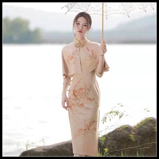 Plus size women slim cheongsam new high-level elegant two-piece dress with shawl