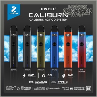 [Ready Stock] Original Uwell Caliburn A2 Pod Pod System 15W 520mAh 2ml Cartridge FeCrAI UN2 Meshed-H 0.9Ω 4pcs Per Pack (1)