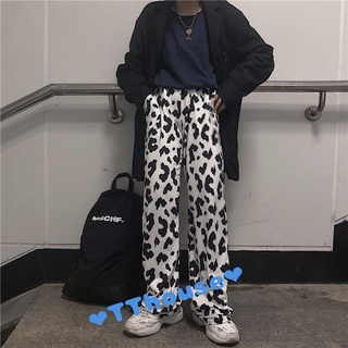 ❤️TThouse❤️【Ready Stock】Summer and autumn Korea Harajuku cow elastic waist casual wide-leg pants black and white flower pant