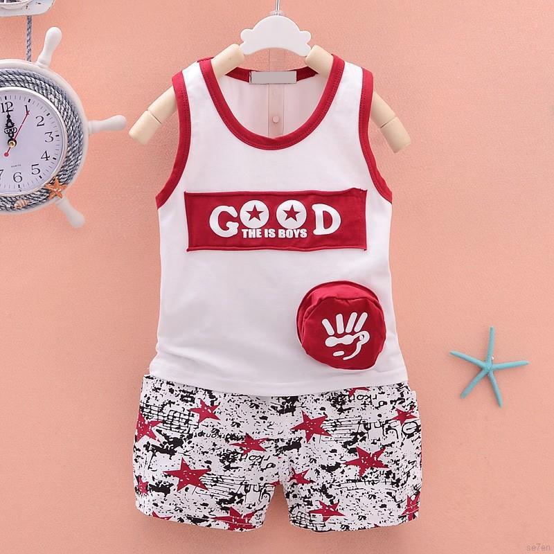 Summer 2pcs Baby Boys Cartoon Sleeveless Vest Tops + Shorts Baby Kids Outfits