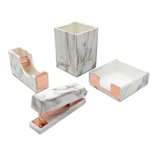 4 Pack Office Stationery Set Marble Rose Gold Desktop Pen Holder, Tape Dispenser, Manual Stapler, Memo Notes Holder Kit