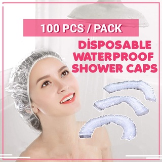 (100 PCS) Disposable Waterproof Shower Cap Sauna Kitchen Water Resistance Hair Bath Cover Transparent Plastic Elastic
