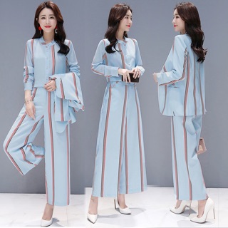 3PCS Pink & Blue OL Woman Suit STRIPE Fashion Blazer+ Long Sleeve Shirt + Wide Leg Pant High Quality Business Office Elegance Formal Set Wear（ADE）