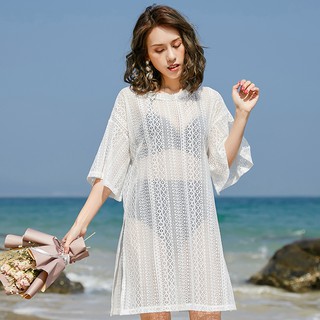 Beach Casual Holiday White Lace Cover Up Women Summer Sunscreen Beachwear Black
