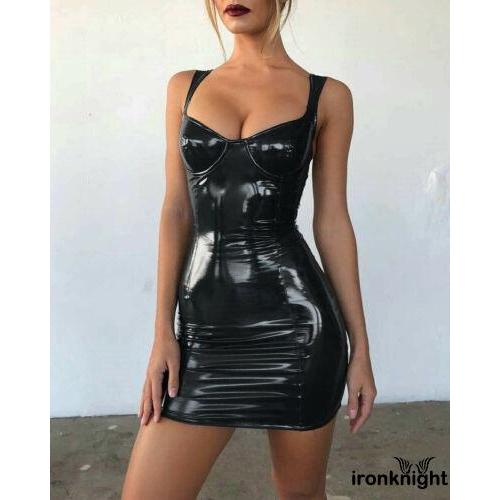 KOY-New Women Sexy Dirndl Latex Faux Leather Bodycon Evening Party Cocktail