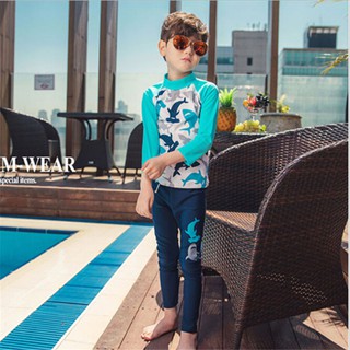 2PCS kids swimming suit Long sleeves pants blue swimsuit Shark cartoon pattern swimwear for boy