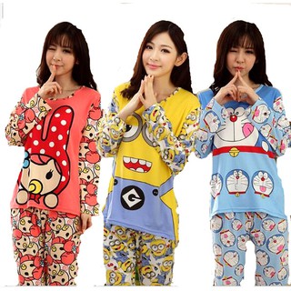 Ready Stock! Female Women Milk Silk Pyjamas Long Sleeve Sleepwear Plus Size