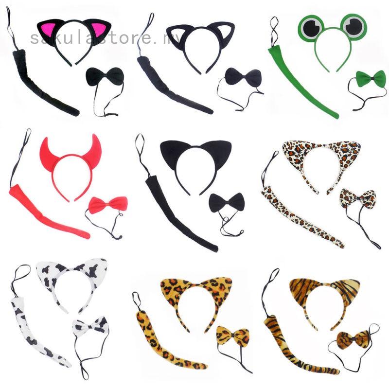 Cute Black Cat Ears Headband Bow Tie Tail Set Party Costume Cosplay Props