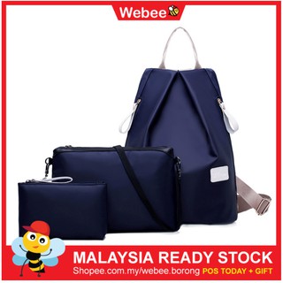 READY STOCK WEBEE 3 in 1 Kumo Nylon Casual Back Pack + Sling Coin Purse Anti Theft