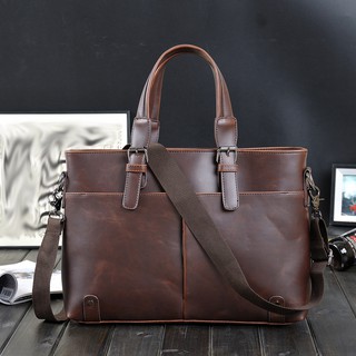 Retro solid color crazy horse PU leather trend men's bag fashion large-capacity one-shoulder portable document bag