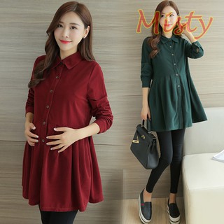 Pleated Waist Button Corduroy Maternity Blouses Fashion Pregnancy Tops Clothes