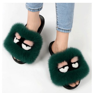 (952-READY STOCK)Women Fox Fur Monster Soft Fluffy Slipers