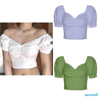 ❀ℳay-Women´s short sleeve square collar bubble elastic sleeve summer solid color top (1)