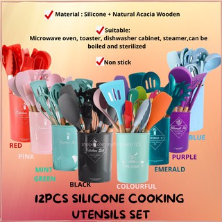 Senduk Silikon 12pcs Silicone Cooking Utensils Set Non-Stick Spatula Shovel Wooden Handle Set With Storage Box