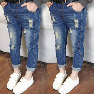 Kids Girls Fashion Denim Long Pants Holes Patch Pattern Wide Leg Style Jeans