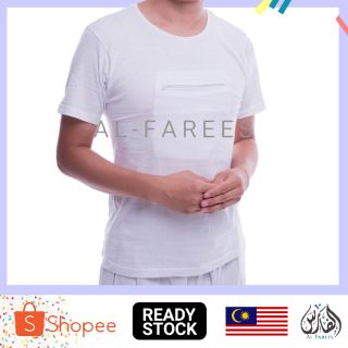 Baju T-Shirt Haji Umrah Poket Zip Putih Cotton Lembut For Men Lengan Pendek