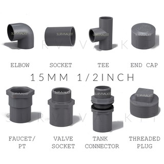15mm (1/2 Inch) PVC Fitting Connector CLASS E Socket Elbow Tee PT Socket Valve Socket End Cap Tank Connector PVC Pipe