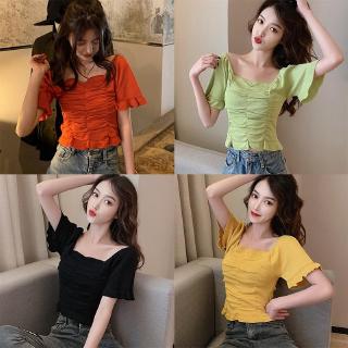 Women Solid Square Collar Knitted Short Sleeve Crop T-Shirt