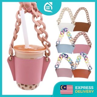 READY STOCK🇲🇾 Milk Tea Cup Holder Starbucks Cup Protective Cover Anti Scalding PU Leather Carry Holder Bag with Chain