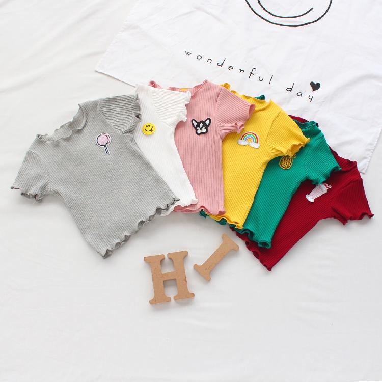 Kids Girls Knitted T-shirt Summer Ruffle Short Sleeve Summer Embroidered Tops