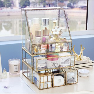 Golden Copper Large Transparent Glass Cosmetic Storage Box Desktop Jewelry Box (1)