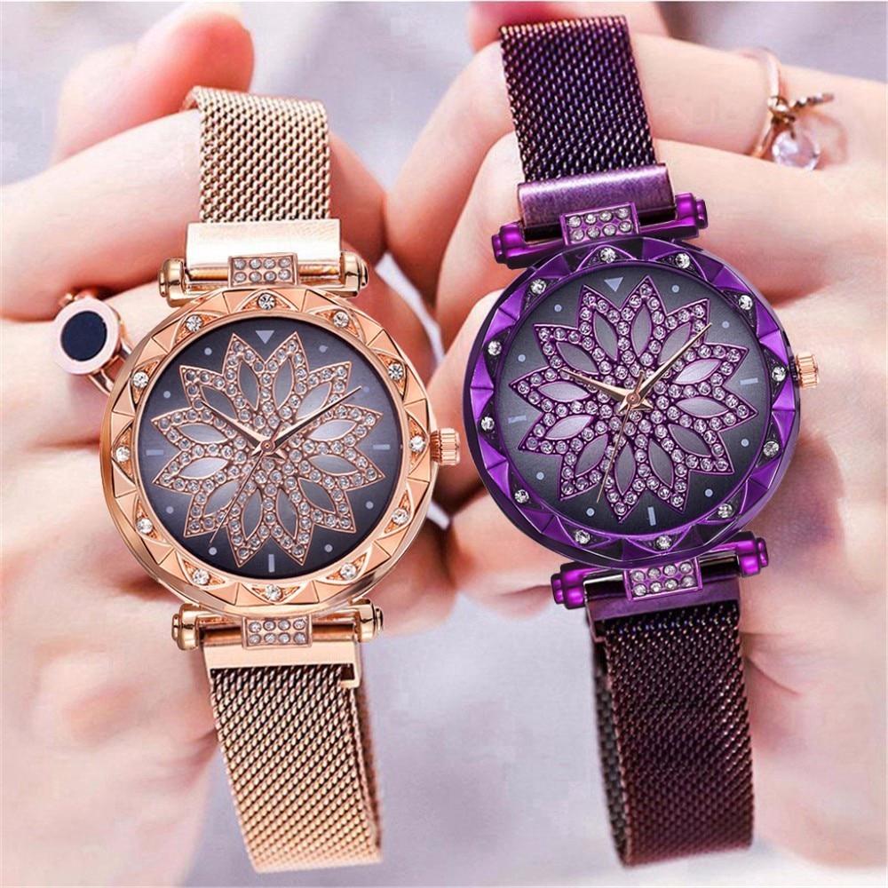 🔥Ready Stock🔥Fashion Women Magnet Buckle Lucky Flower Watch Luxury Rhinestone Quartz Watch