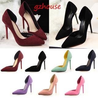 GZHOUSE 【Size35-39】7 colors Women Suede Pumps Stiletto Pointed Toe High Heels Work Shoes