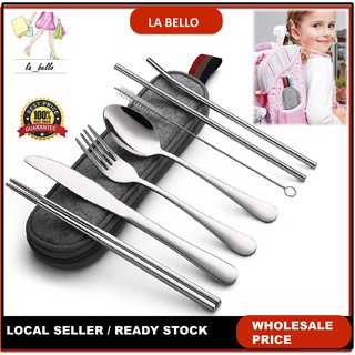 8 Pcs Cutlery Set With Case Silverware Travel Chopstick Spoon Knife Straw Stainless Steel Utensil Camping Portable
