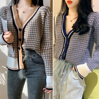 Korean Temperament Loose Plaid Splicing Knitted Cardigan