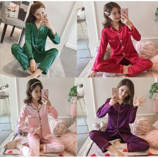 [Ready stock]Pajamas women plus simulation silk solid color home service