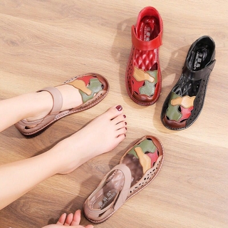 【Ready stock】Women Fashion Summer mom sandals Velcro soft sole versatile leap moon shoes large flat bottomed hollow out single shoes for the elderly