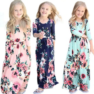 1-8Y Kids Girls Child Casual Long Sleeve Crew Neck Beach Boho Long Maxi Dress