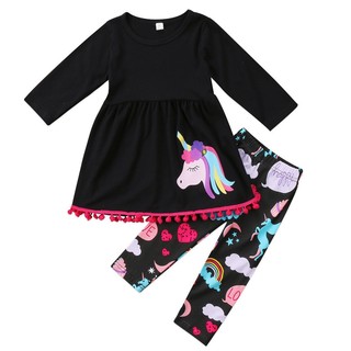 Unicorn Mini Dresses 2pcs Kids Baby Girls Clothes Long Sleeve T Shirt Tops+Long